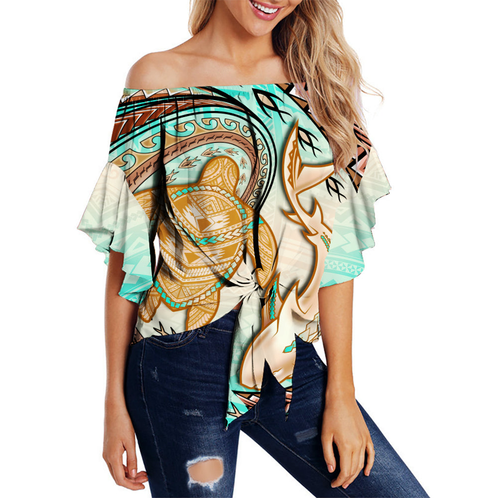 hawaii-off-shoulder-waist-wrap-top-polynesian-shark-and-sea-turtle-dreamy-turquoise-artsy