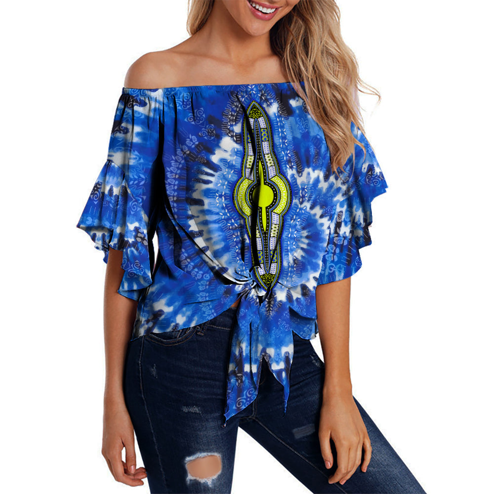 Off-shoulder tie-dye waist wrap top, blue with bold tribal print and tie detail