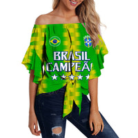 Green off-shoulder wrap top with Brazil team crest, BRASIL CAMPEAO text, star graphics