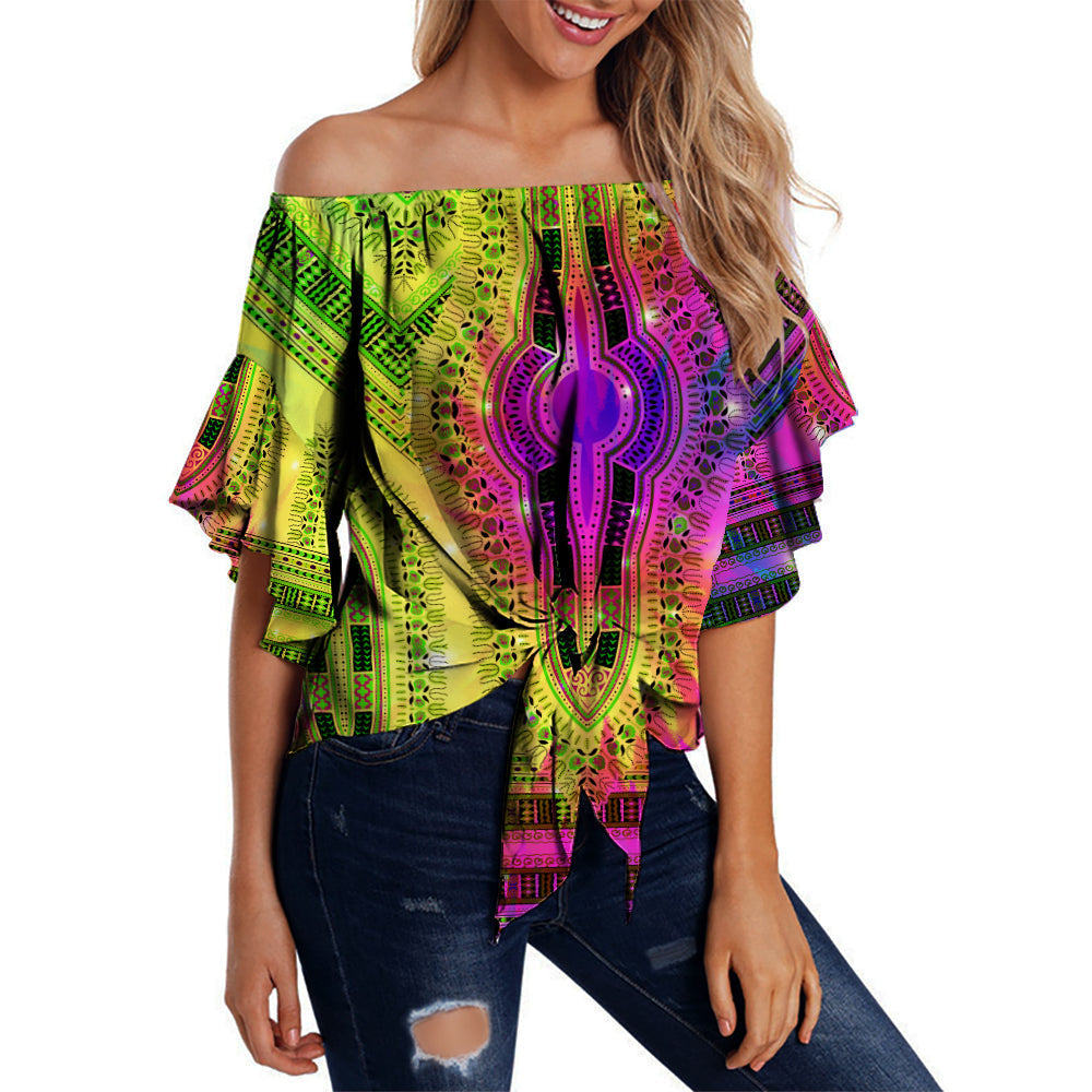 Off-shoulder waist wrap top, multicolor dashiki tie-dye pattern, flared sleeves
