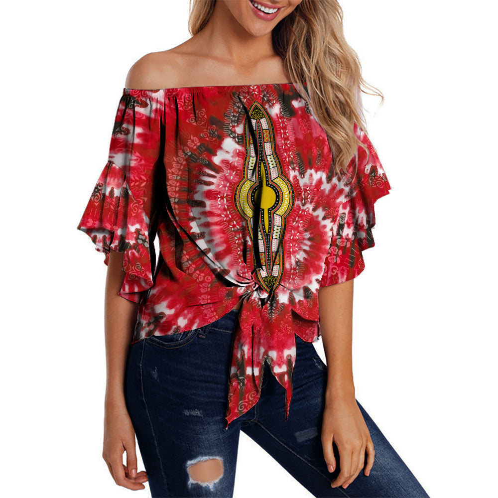 Red off-shoulder tie-dye waist wrap top with wide flared sleeves and patterned front