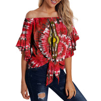 Red off-shoulder tie-dye waist wrap top with wide flared sleeves and patterned front