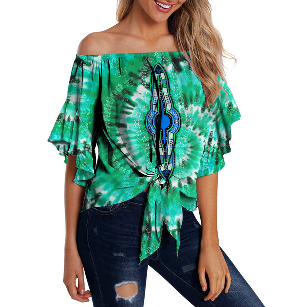 Green off-shoulder tie-dye waist wrap top with bell sleeves and front tie, printed motif