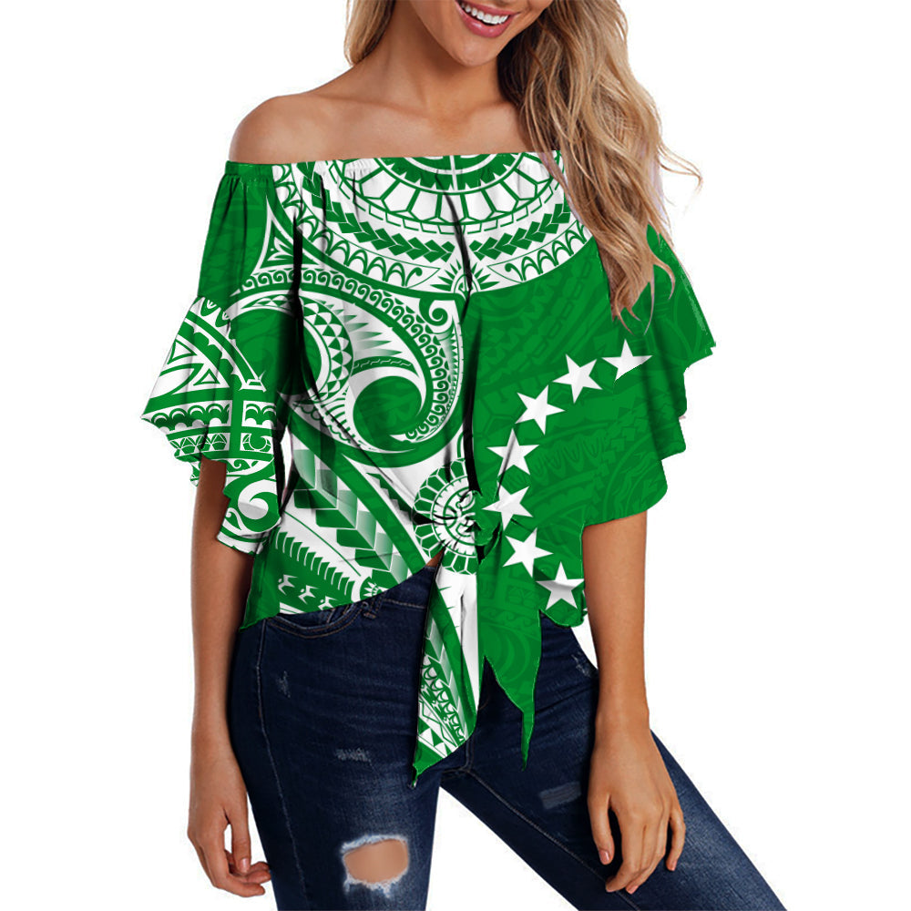 custom-text-and-number-cook-islands-tatau-off-shoulder-waist-wrap-top-symbolize-passion-stars-version-green