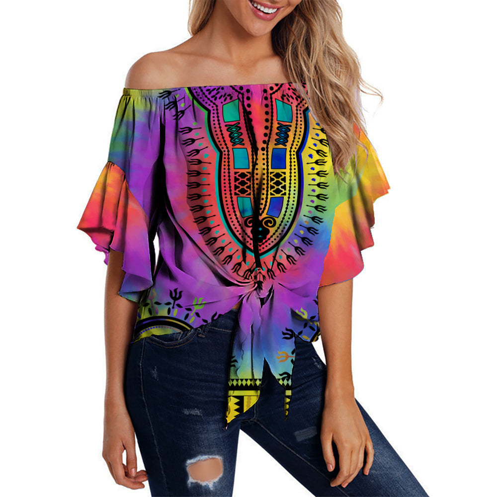 Women’s off-shoulder wrap top with tie-dye dashiki print and tied waist, multicolor