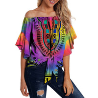 Women’s off-shoulder wrap top with tie-dye dashiki print and tied waist, multicolor