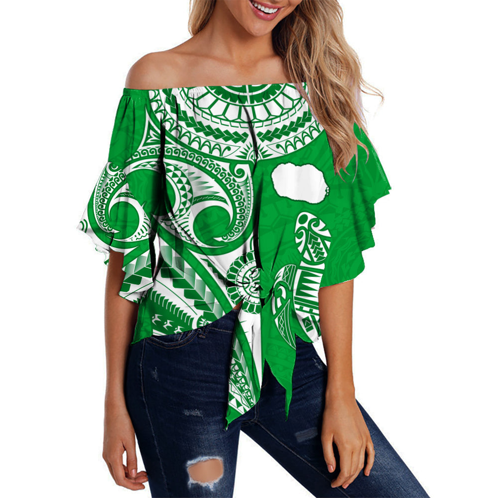 rarotonga-cook-islands-off-shoulder-waist-wrap-top-turtle-and-map-style-green