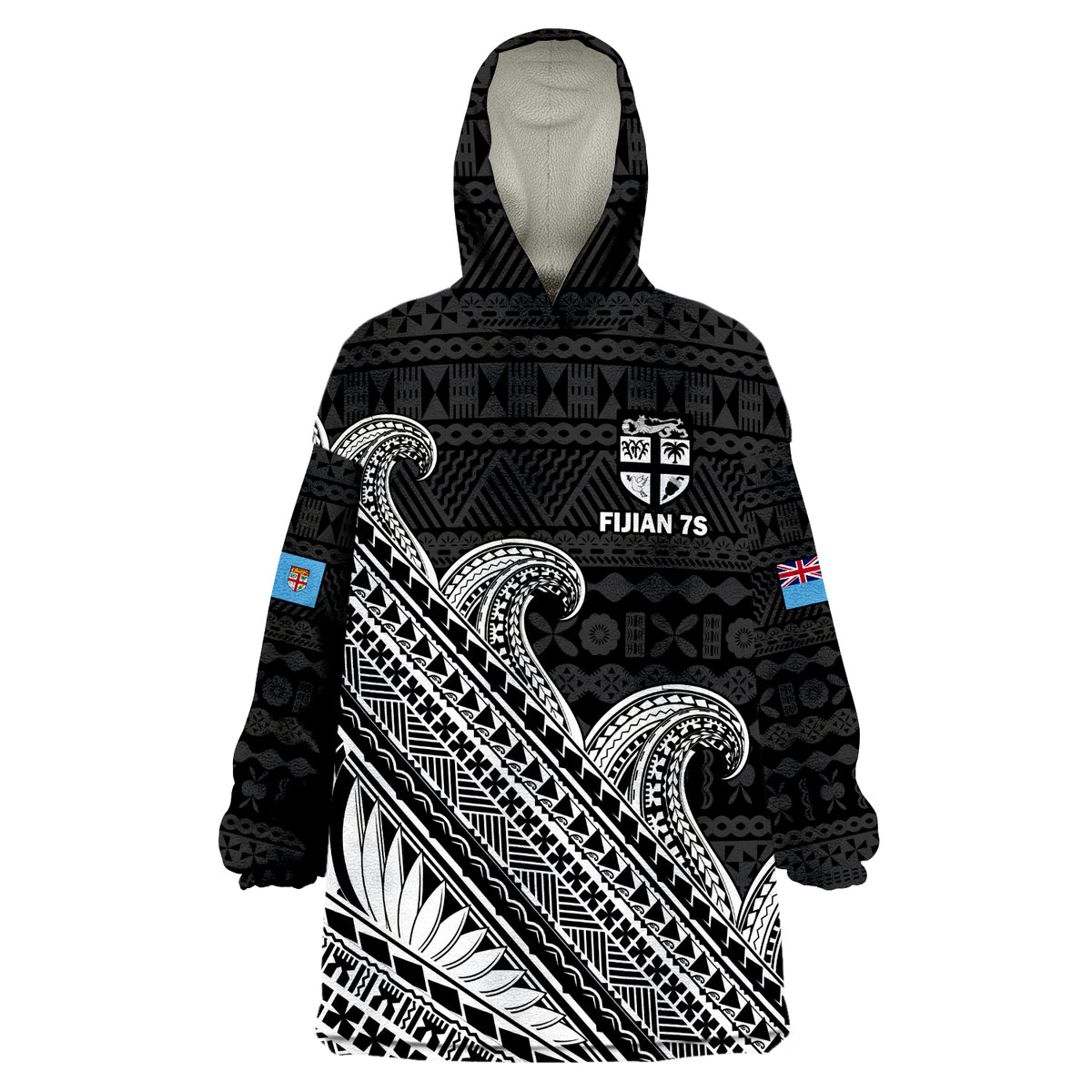 (Custom Text And Number) Fiji Sevens Rugby Fijian 7s Black Tapa Polynesian Art Wearable Blanket Hoodie - Wonder Print Shop