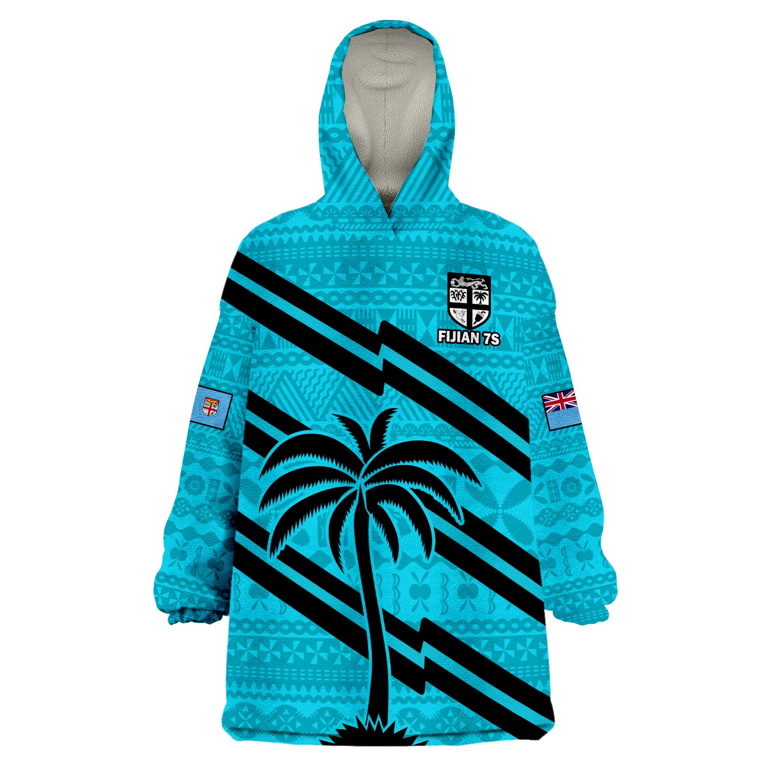 (Custom Text And Number) Fiji Rugby Tapa Pattern Fijian 7s Cyan Wearable Blanket Hoodie - Wonder Print Shop