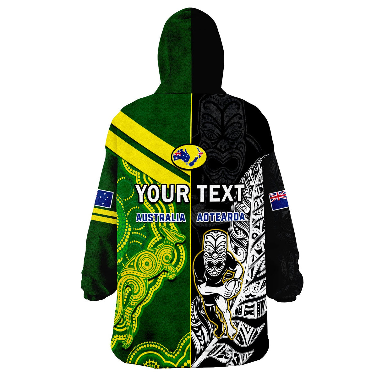 (Custom Personalised) Australia Kangaroos And All Black Rugby Wearable Blanket Hoodie Aboriginal Mix NZ Maori Fern - Wonder Print Shop