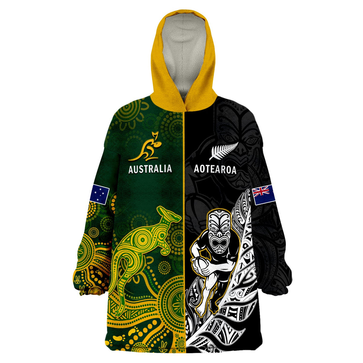 (Custom Personalised) Australia Rugby Mix Aotearoa Rugby Wearable Blanket Hoodie Wallabies All Black Special Version - Wonder Print Shop