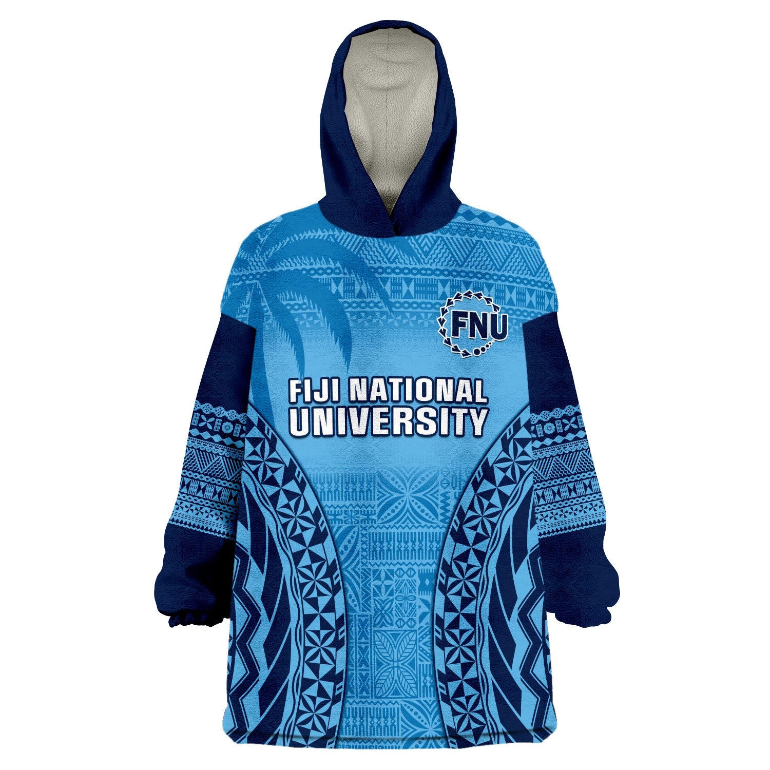 Fiji University Wearable Blanket Hoodie National Fijian Tapa Pattern Blue - Wonder Print Shop
