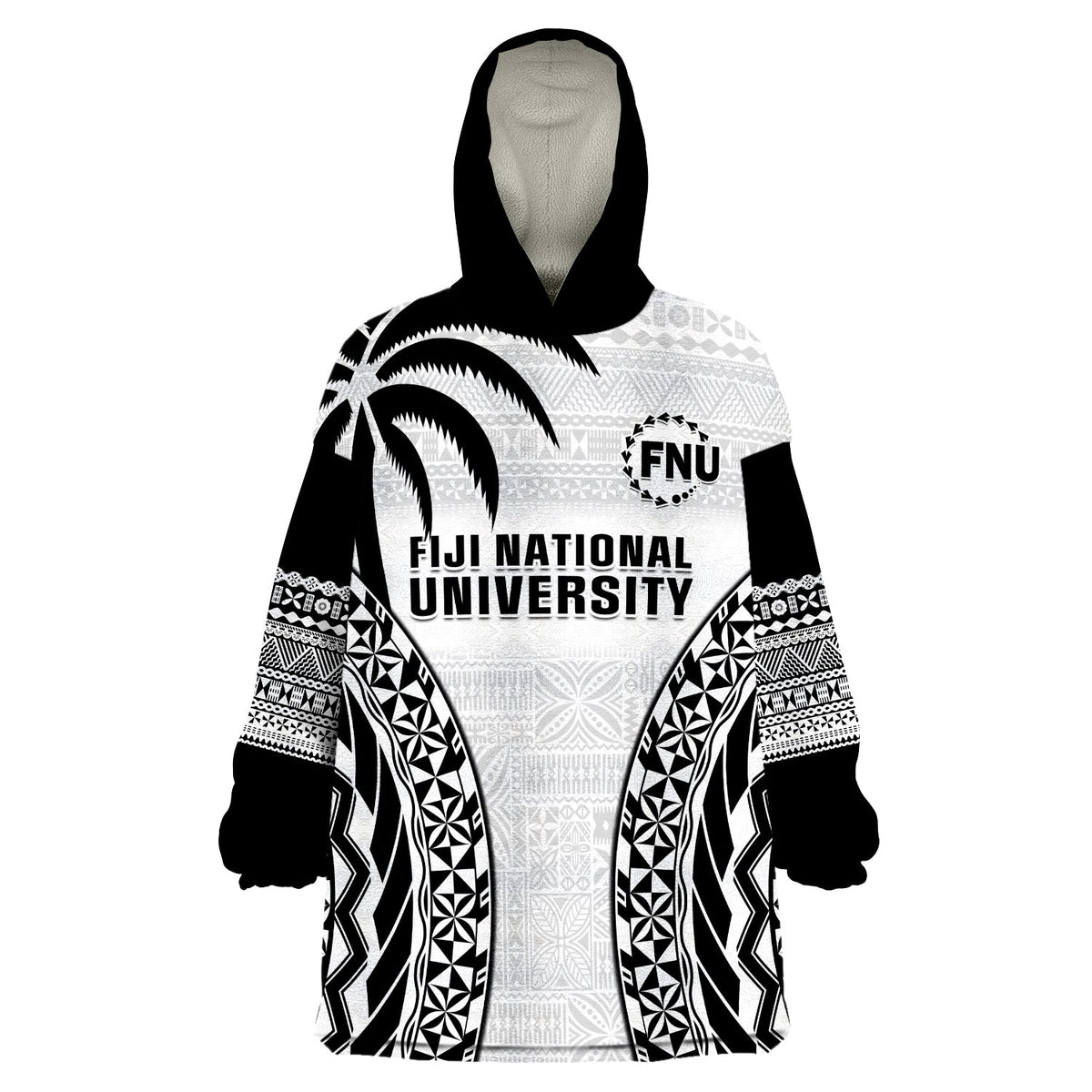 Fiji University Wearable Blanket Hoodie National Fijian Tapa Pattern White - Wonder Print Shop