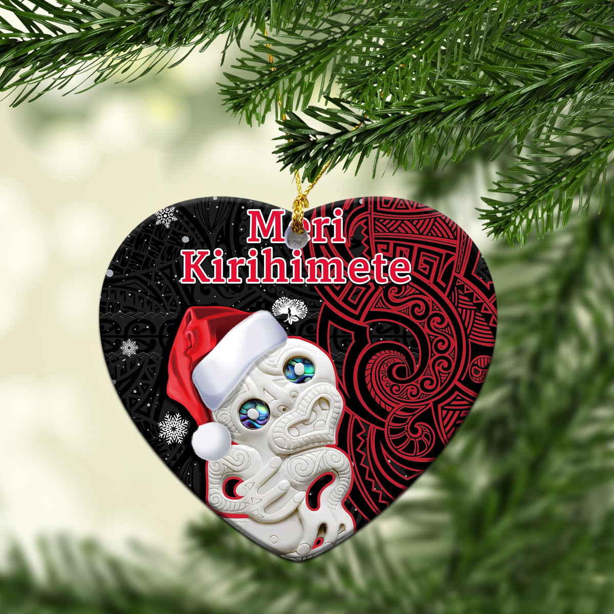 Round red and black ceramic ornament with Santa face, white hat, “Meri Kirihimete” text