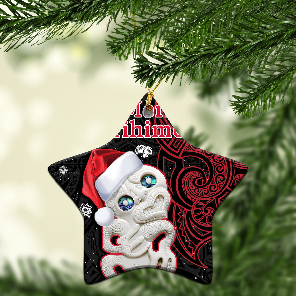 Star ceramic ornament: Santa face with white hat, red/black Maori pattern