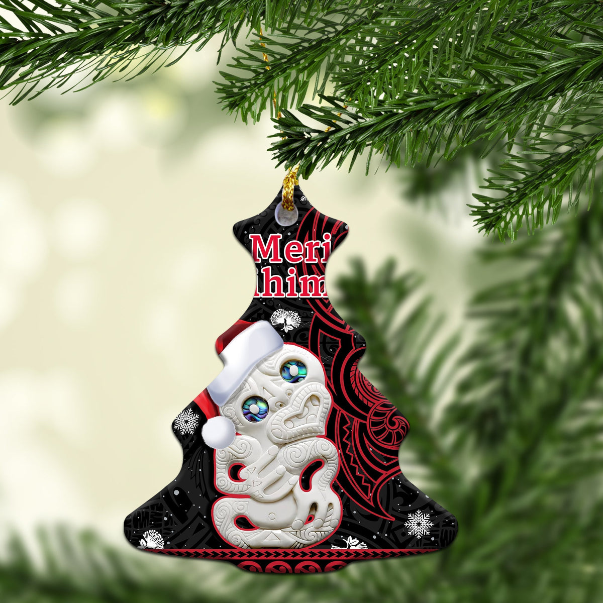 Tree ceramic ornament: Meri Kirihimete text, red/black Maori pattern, Santa face