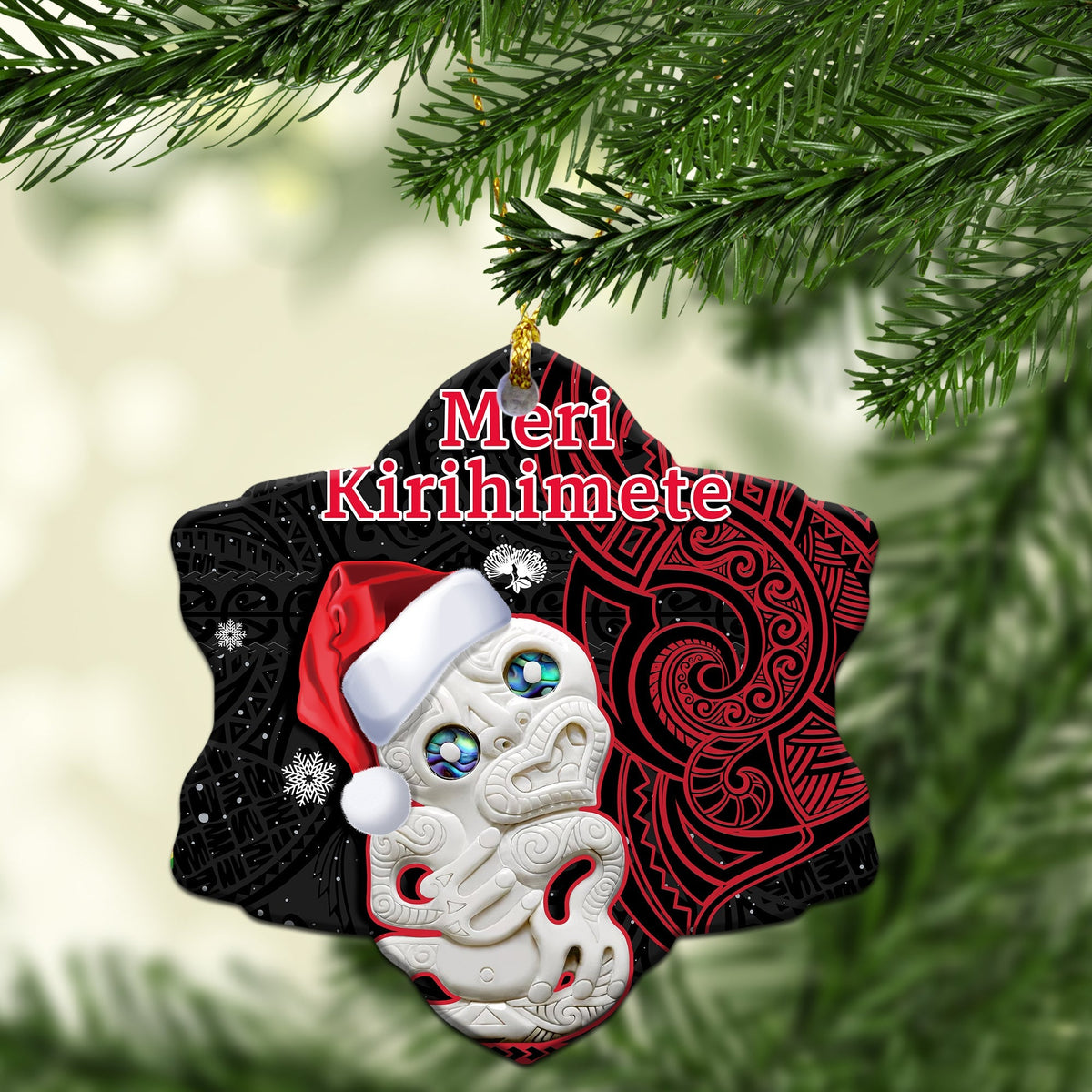 Bell ceramic ornament: Meri Kirihimete, red/black Maori pattern, Santa face