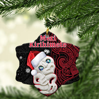 Bell ceramic ornament: Meri Kirihimete, red/black Maori pattern, Santa face
