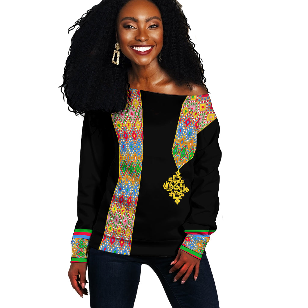Habesha Tilet Pattern Off Shoulder Sweater Eritrea Emblem - Wonder Print Shop