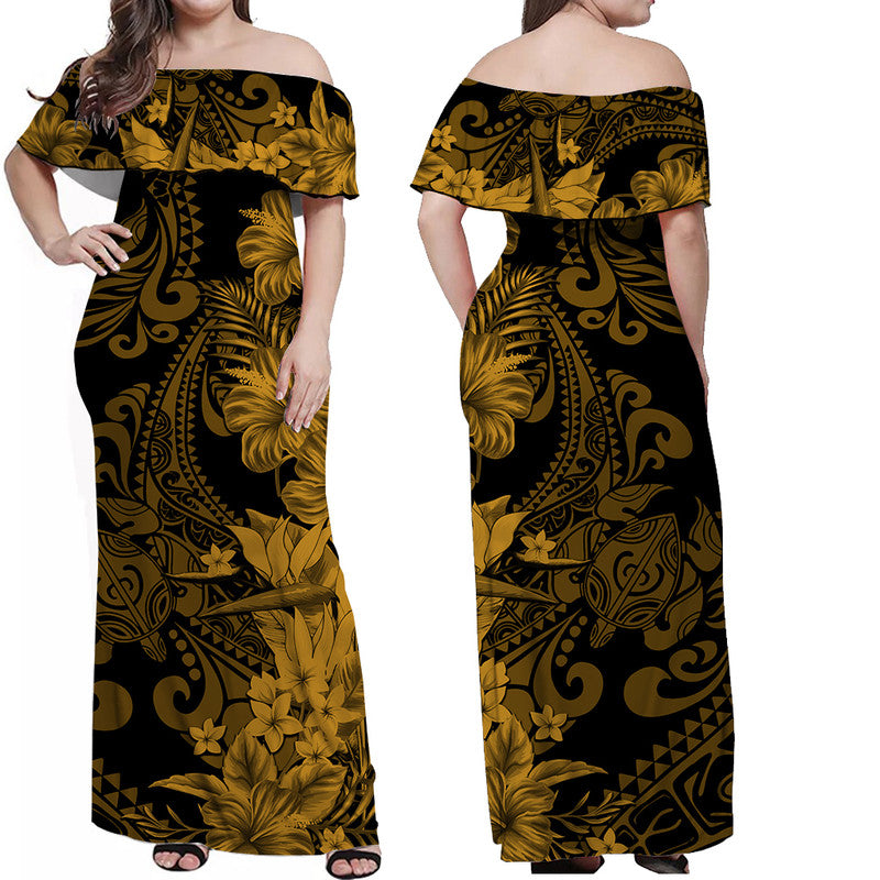 Hawaii Flowers Mix Tribal Pattern Matching Hawaiian Shirt And Dress Gold LT6 - Wonder Print Shop