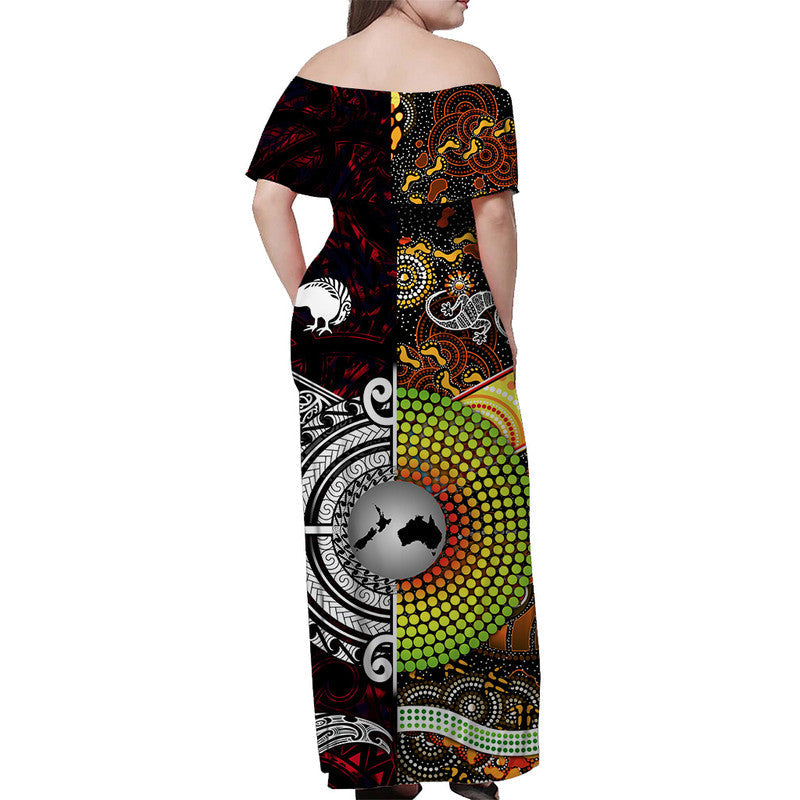 Women’s off-shoulder maxi dress, red and black tribal print, back view