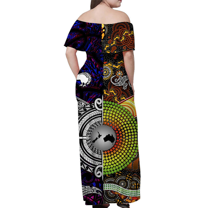 Purple off-shoulder maxi dress back view with dotted circle and tribal pattern
