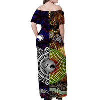 Purple off-shoulder maxi dress back view with dotted circle and tribal pattern