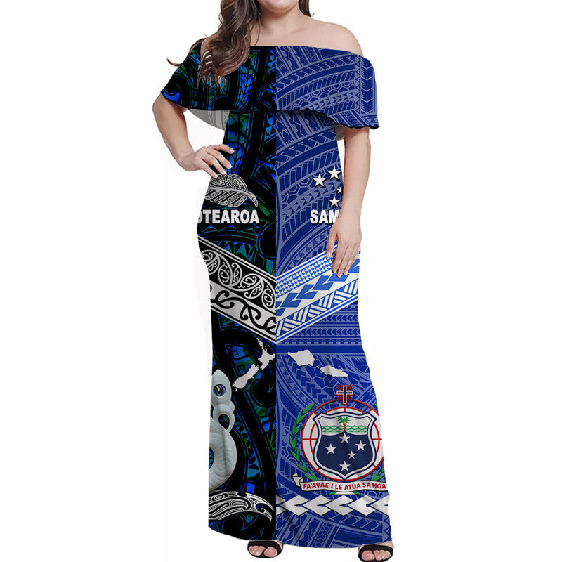 custom-personalised-samoa-and-new-zealand-off-shoulder-long-dress-together-blue