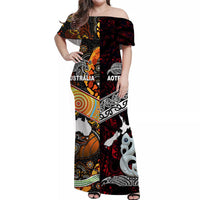 Women’s off-shoulder long dress, red and black tribal print, wide neckline
