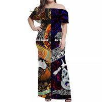 Purple off-shoulder maxi dress with multicolor tribal and animal motif, Australia/Aotearoa text
