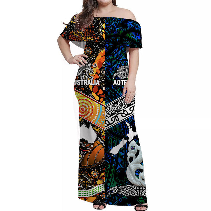 Blue off-shoulder maxi dress with colorful Aboriginal-style motifs and Australia/Aotearoa text
