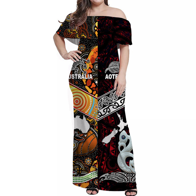 Off-shoulder maxi dress, black with red accents, colorful tribal and animal graphics
