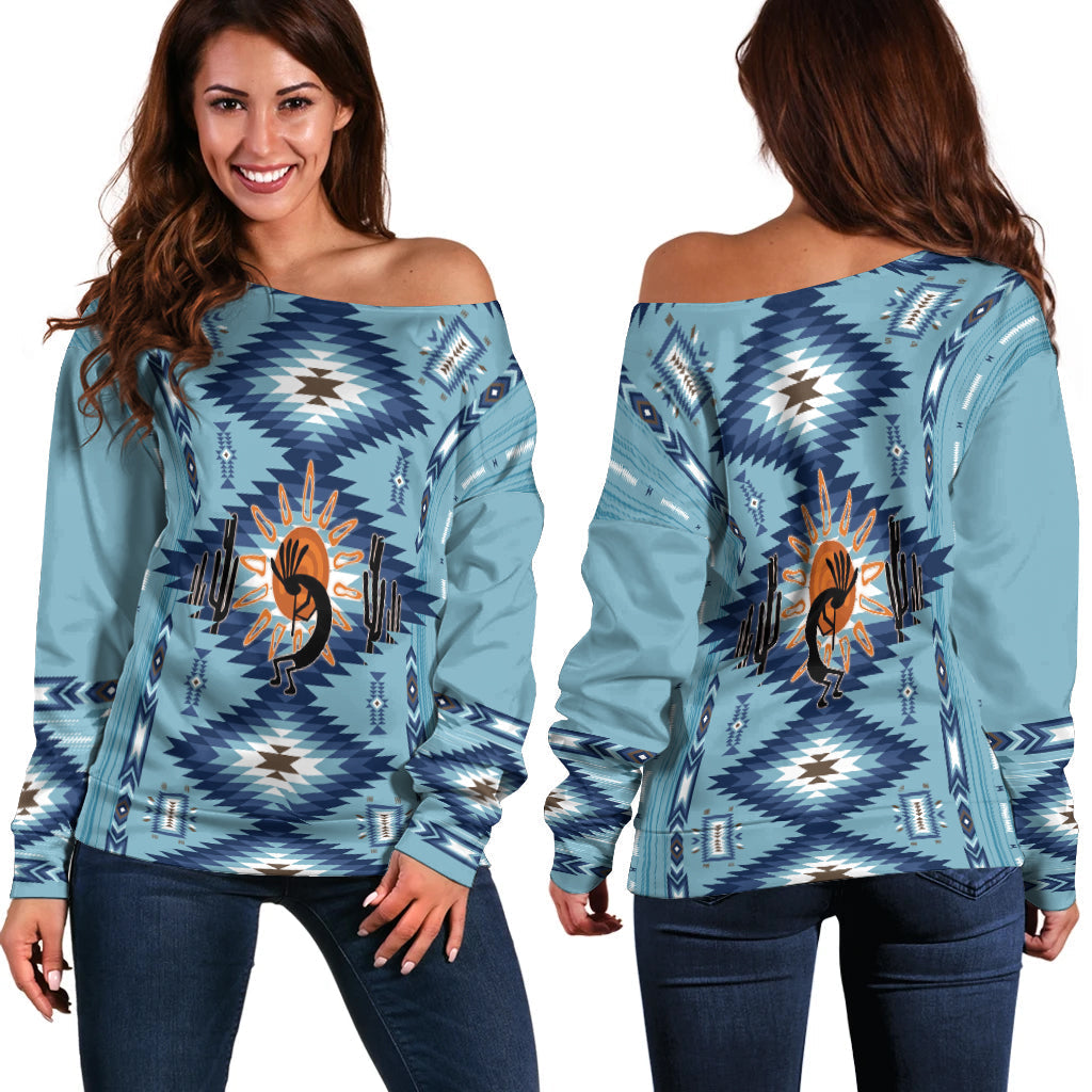 Native American Off Shoulder Sweater Kokopelli Mix Navajo Pattern - Wonder Print Shop