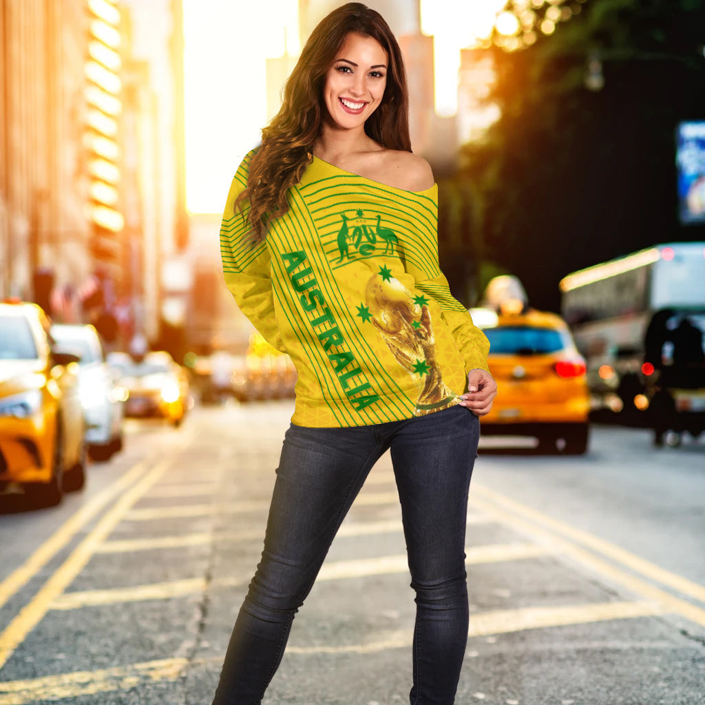 Personalised Australia Soccer WC 2022 Off Shoulder Sweater Socceroos Sporty Style - Wonder Print Shop