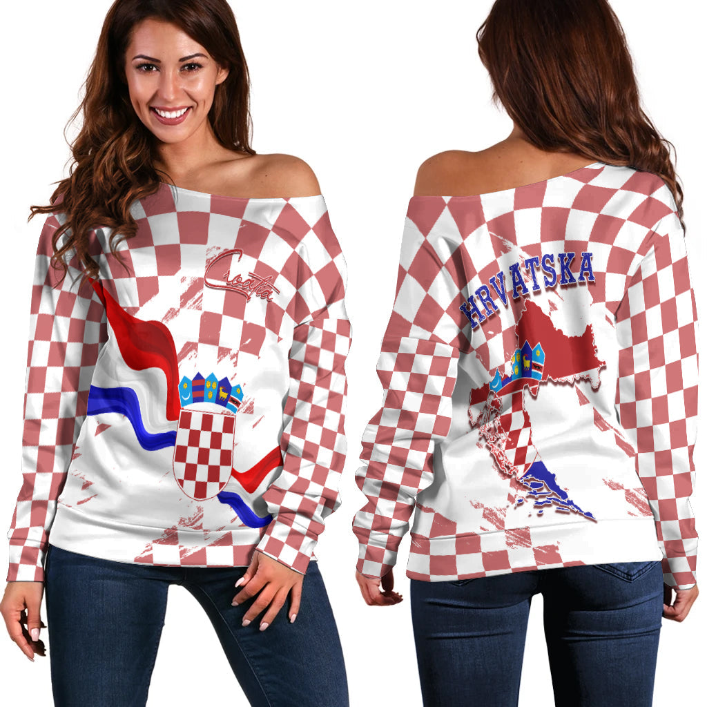 Croatia Off Shoulder Sweater Checkerboard Grunge Style - Wonder Print Shop