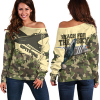 Women’s off-shoulder camouflage sweater shown front and back with Spitfire graphic