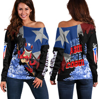 Women’s off-shoulder sweater in dark fabric with Puerto Rico star and coqui frog graphic