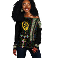 Eritrea Tilet Pattern Off Shoulder Sweater Eritrean Cross - Black - Wonder Print Shop