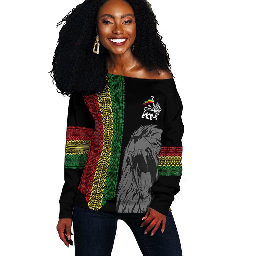 Ethiopia Patriot Day Personalised Off Shoulder Sweater Roaring Lion - Wonder Print Shop