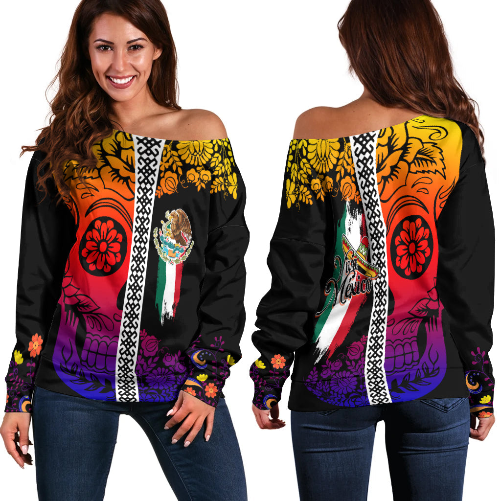 Mexican Dia de Muertos Sugar Skull Off Shoulder Sweater Viva Mexico - Wonder Print Shop