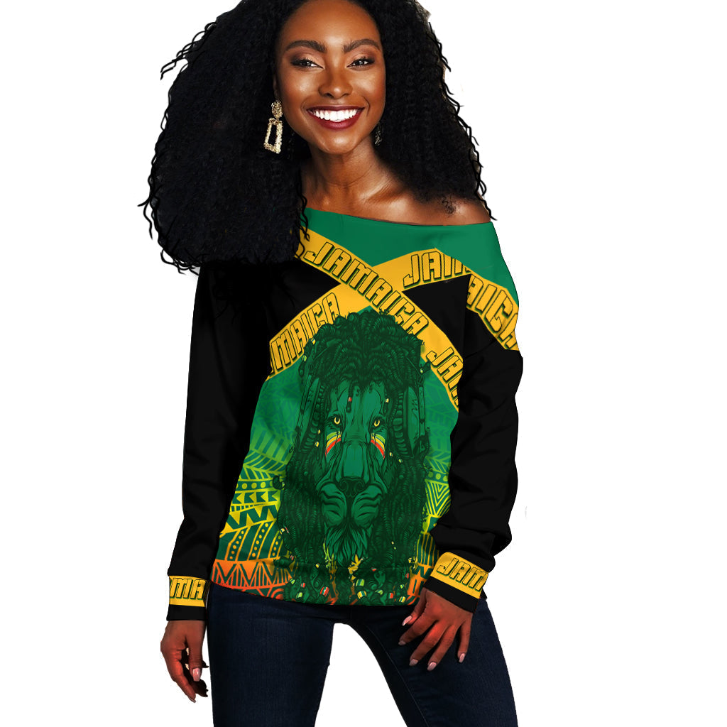 Jamaica Personalised Off Shoulder Sweater Rastafari Lion Mix Kente - Wonder Print Shop