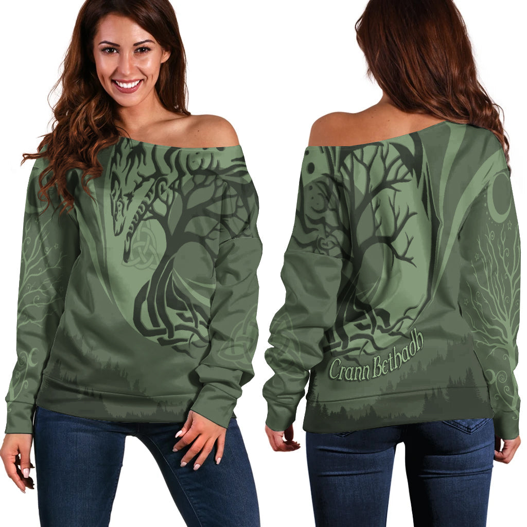Celtic Tree of Life with Wolf Spirit Off Shoulder Sweater Crescent Crann Bethadh - Wonder Print Shop