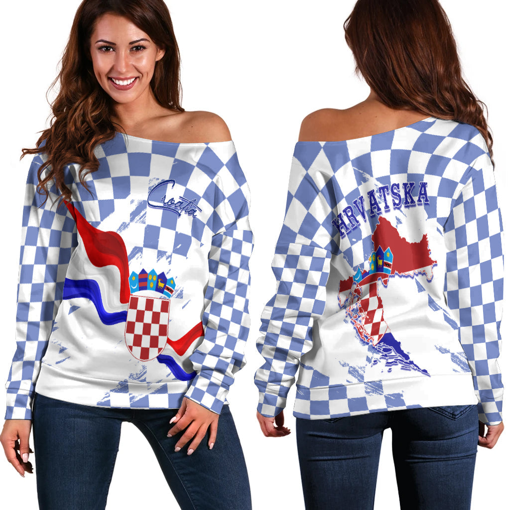 Croatia Off Shoulder Sweater Checkerboard Grunge Style - Blue Color - Wonder Print Shop