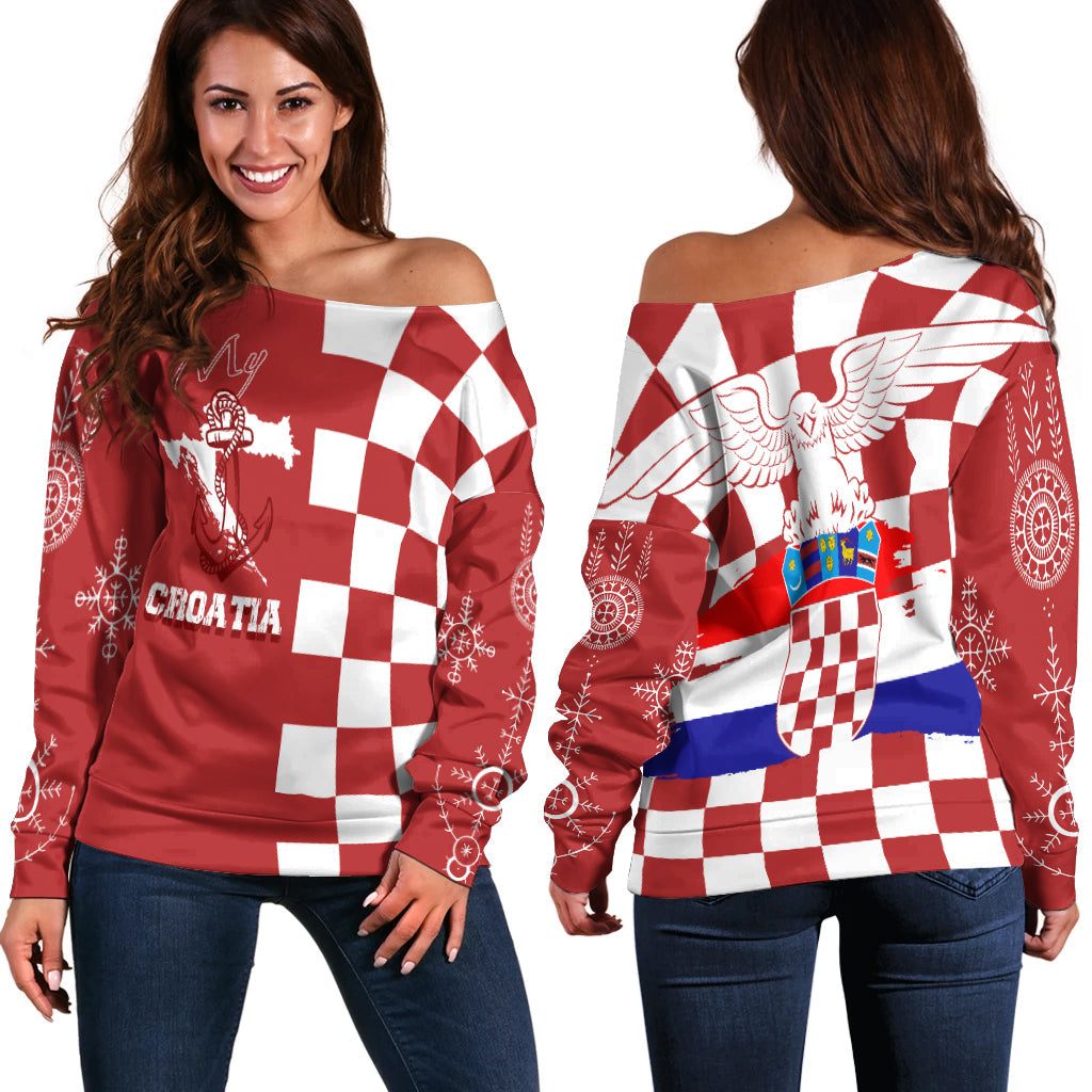Croatia Checkerboard Off Shoulder Sweater Croatia Flag with Eagle - Wonder Print Shop