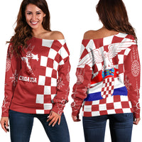 Croatia Checkerboard Off Shoulder Sweater Croatia Flag with Eagle - Wonder Print Shop