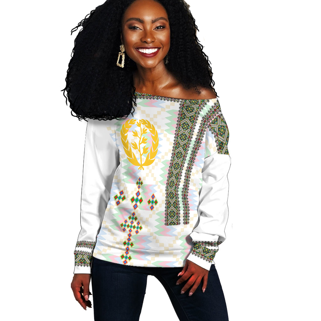 Eritrea Tilet Pattern Off Shoulder Sweater Eritrean Cross - White - Wonder Print Shop