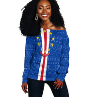 Cape Verde Ankara Pattern Off Shoulder Sweater Kabu Verdi Flag Simple Style - Wonder Print Shop