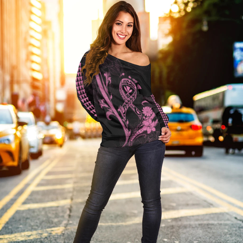 Hawaii Off Shoulder Sweater Breast Cancer Survivor Mix Hibiscus - Wonder Print Shop