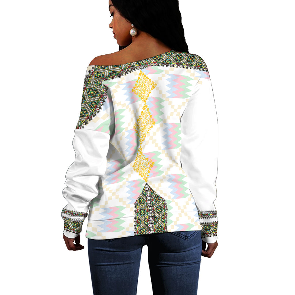 Eritrea Tilet Pattern Off Shoulder Sweater Eritrean Cross - White - Wonder Print Shop