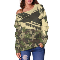 Women’s off-shoulder camouflage sweater with Spitfire airplane print, long sleeves